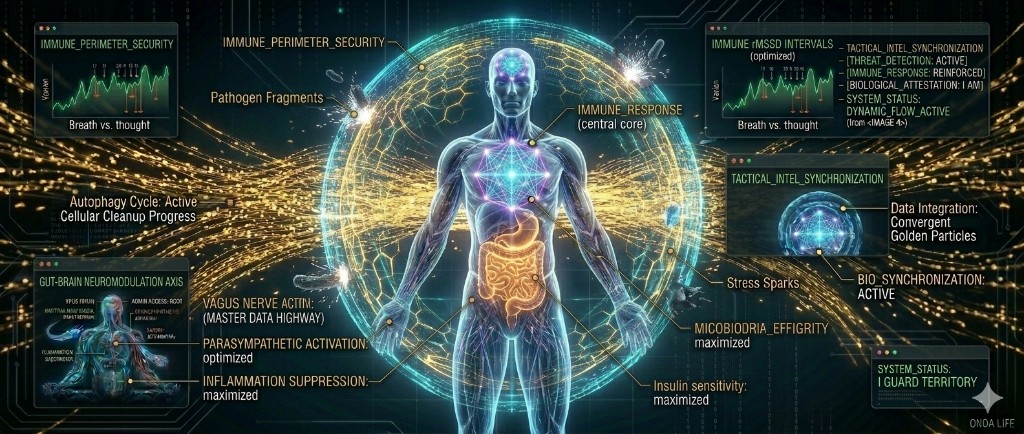 Immune system security, biological territory defense, ONDA I GUARD TERRITORY, microbiome integrity visualized.