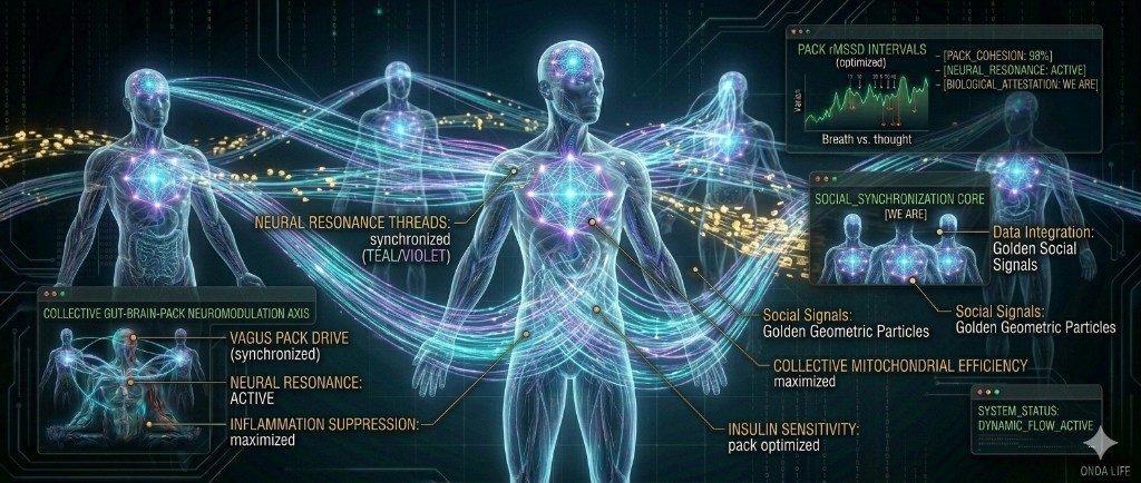 Social brain synchronization, collective intelligence biohacking, ONDA I AM PART OF THE PACK, neural resonance visualized.