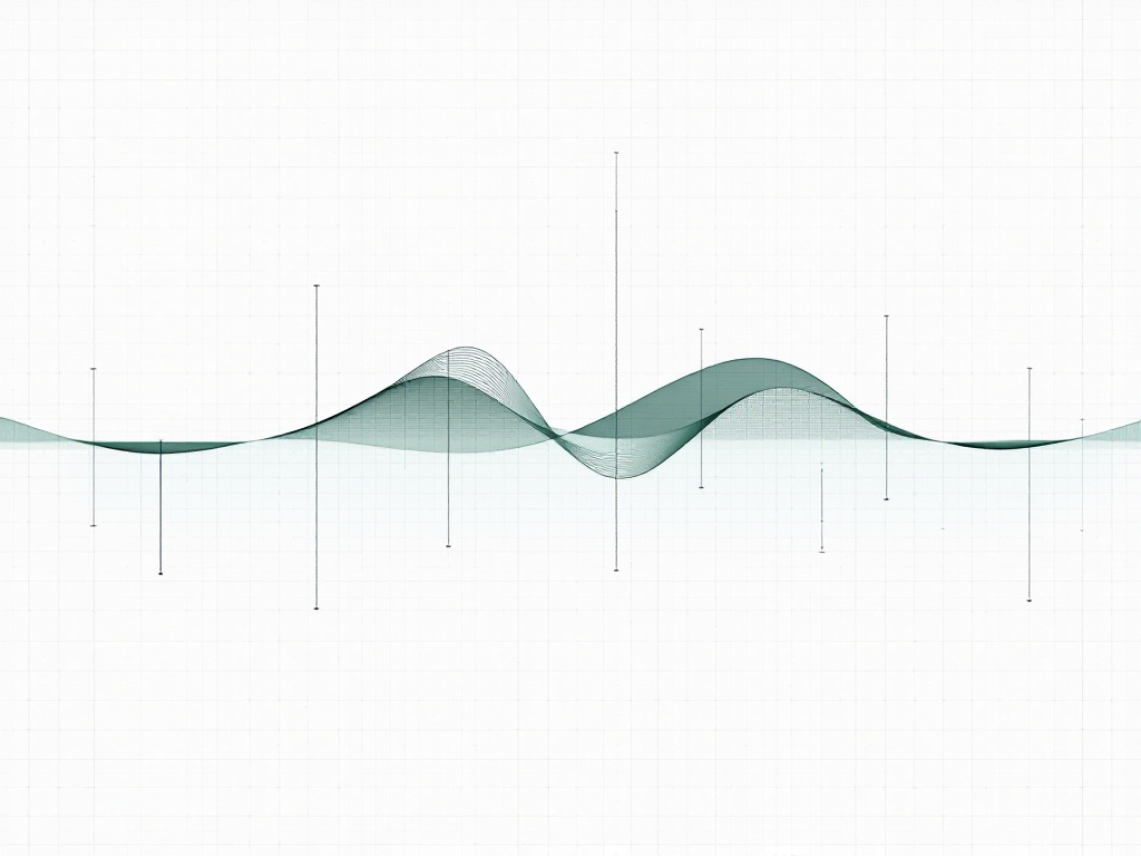 Two intertwined wave lines rising and falling together across a faint grid, crossed by thin vertical markers — blood pressure and the heartbeat interval adjusting to each other, beat by beat.