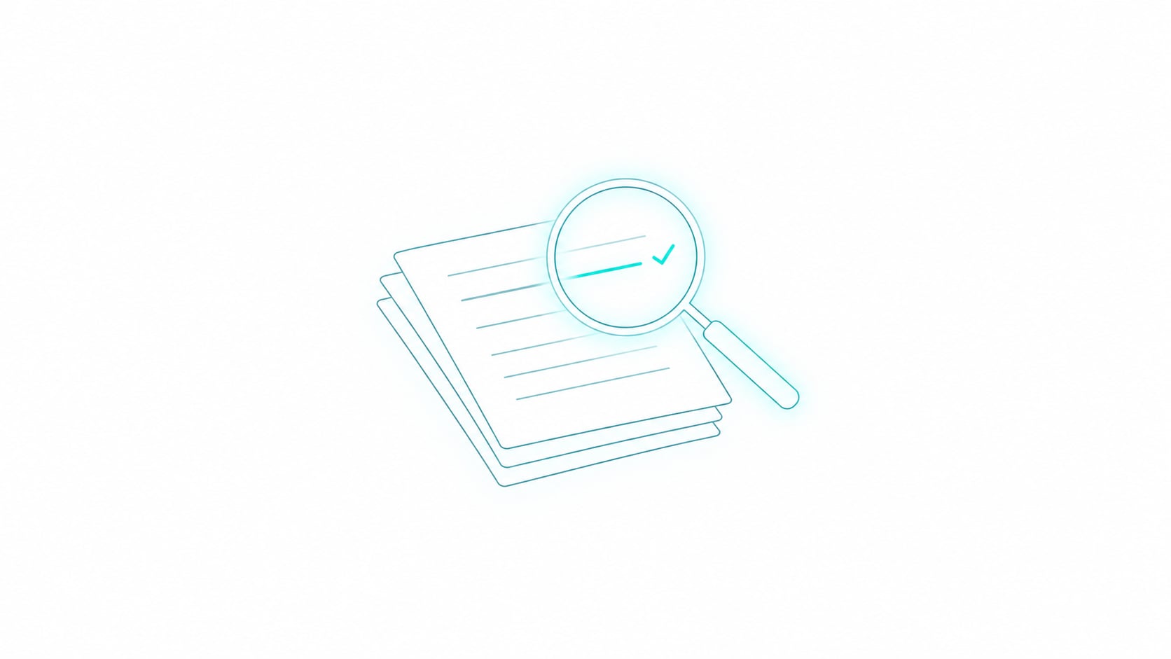 A thin magnifying glass held over a short stack of papers, with one line of text underlined and a small check mark beside it.