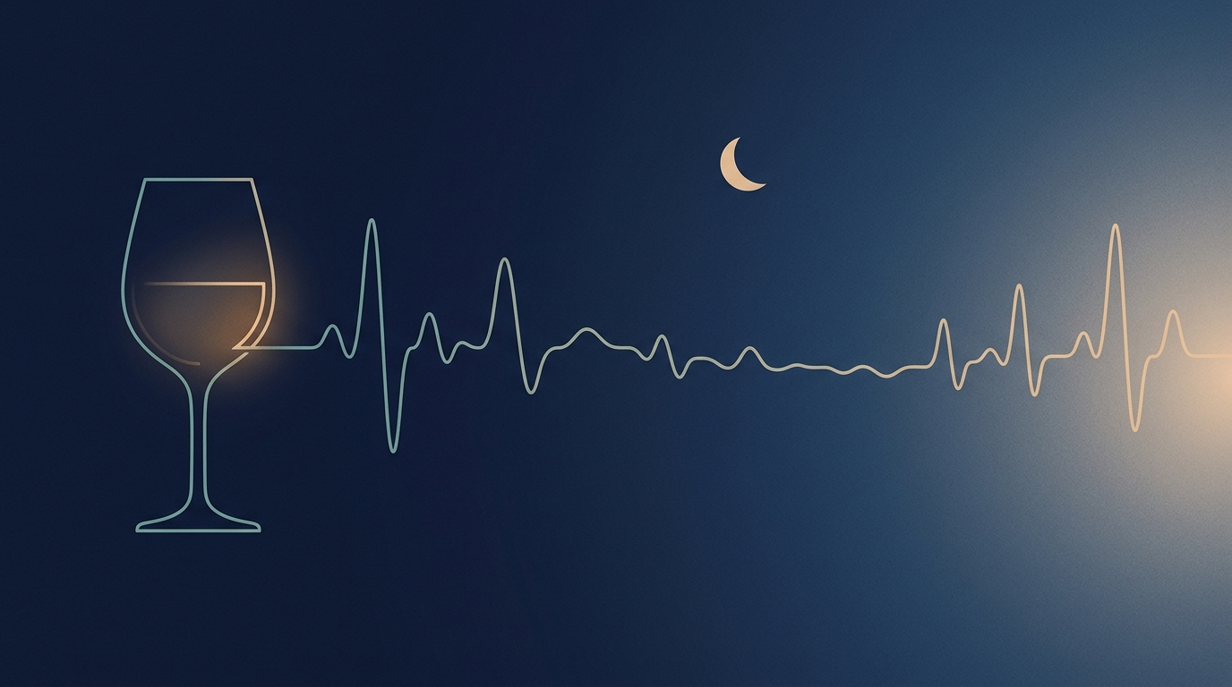 Outline of a wine glass with a heart trace flowing from it under a crescent moon; the beat-to-beat variation flattens during the night and returns toward morning.