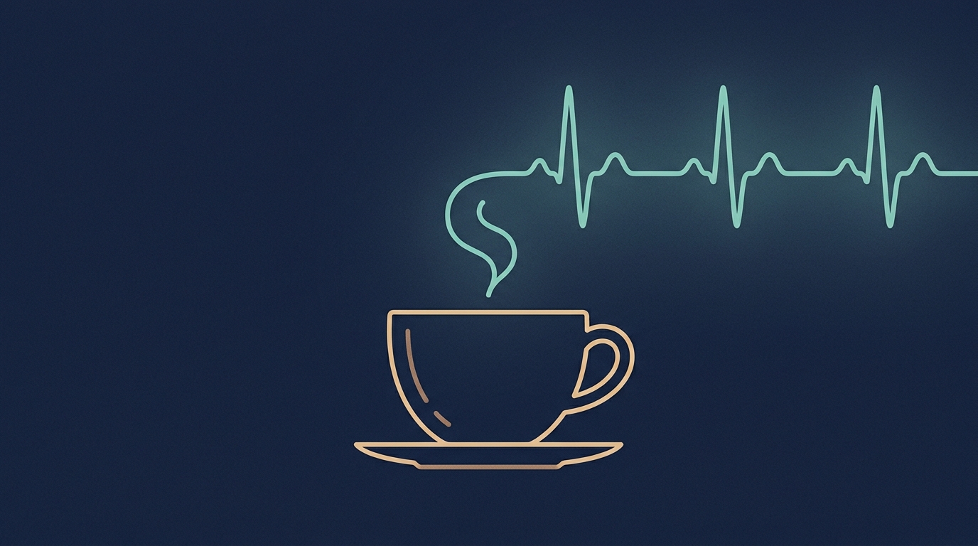 Outline of a coffee cup on a saucer; the steam rising from it turns into a steady, even heart trace on a dark background.