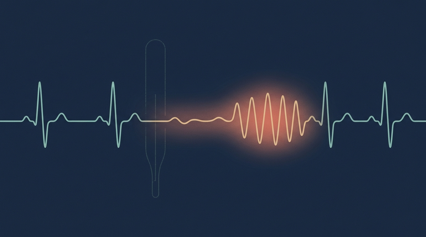 A thin teal heart-rhythm line on a dark background turns into a glowing orange wave next to a faint thermometer outline, then returns to calm beats.