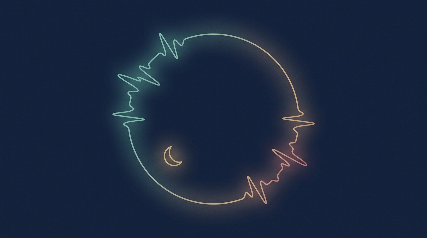 A glowing heart trace drawn as a circle, shifting from teal to warm amber, with a small crescent moon inside it on a dark background.