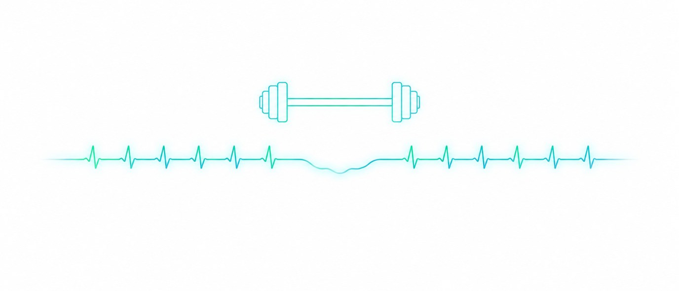 A thin outline of a barbell above a faint heart trace that dips briefly after the lift and then levels out into steady beats.